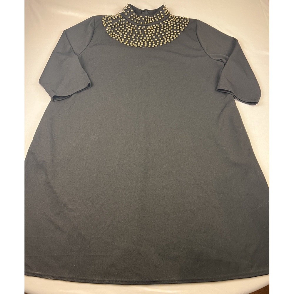 Black Shift Dress Gold Bead High Neck A-Line Pockets Party Cocktail Formal Lg
